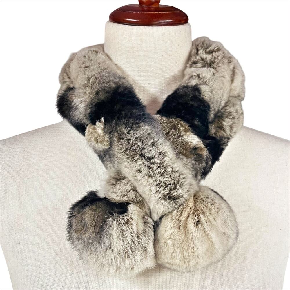 THE CASHMERE PROJECT 100% Rabbit Fur Ladder Scarf Chinchilla Pattern OS
